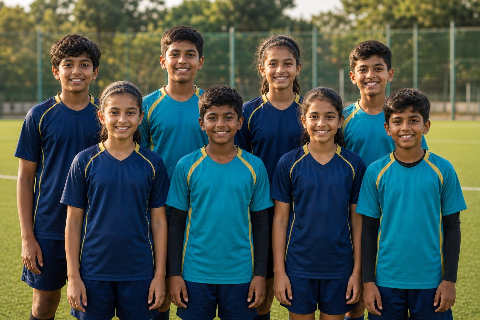 AI-generated Indian youth football team ready for an attendance scan
